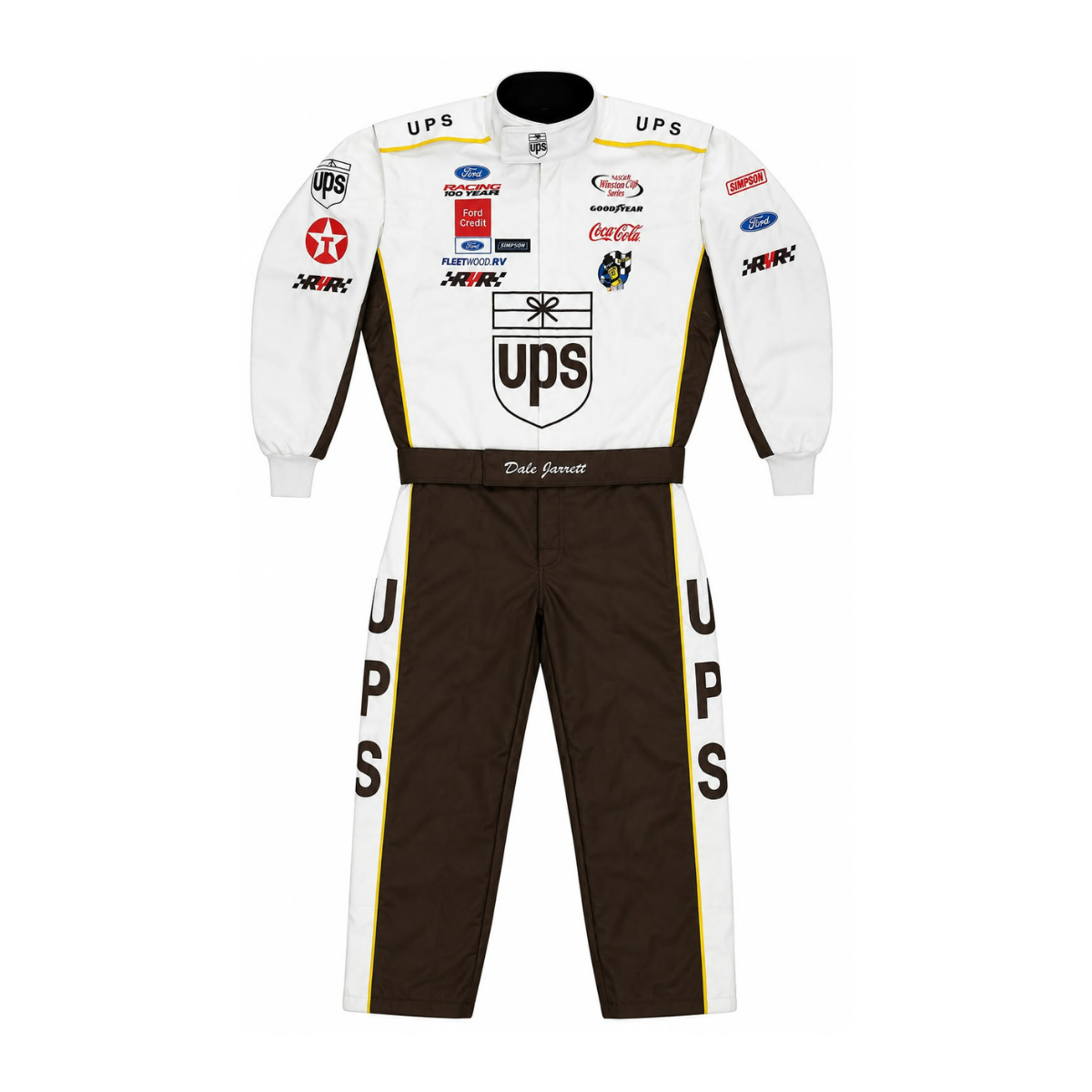 Dale Jarrett UPS NASCAR inspired white and brown go kart racing suit front view