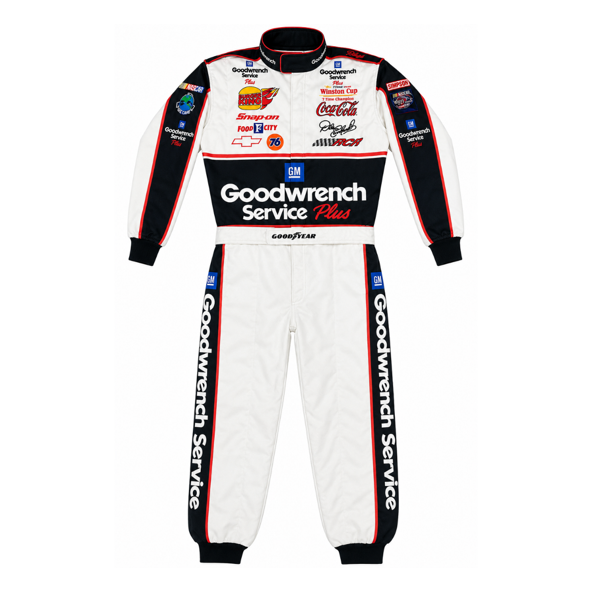 Dale Earnhardt Goodwrench NASCAR inspired white black and red go kart racing suit front view