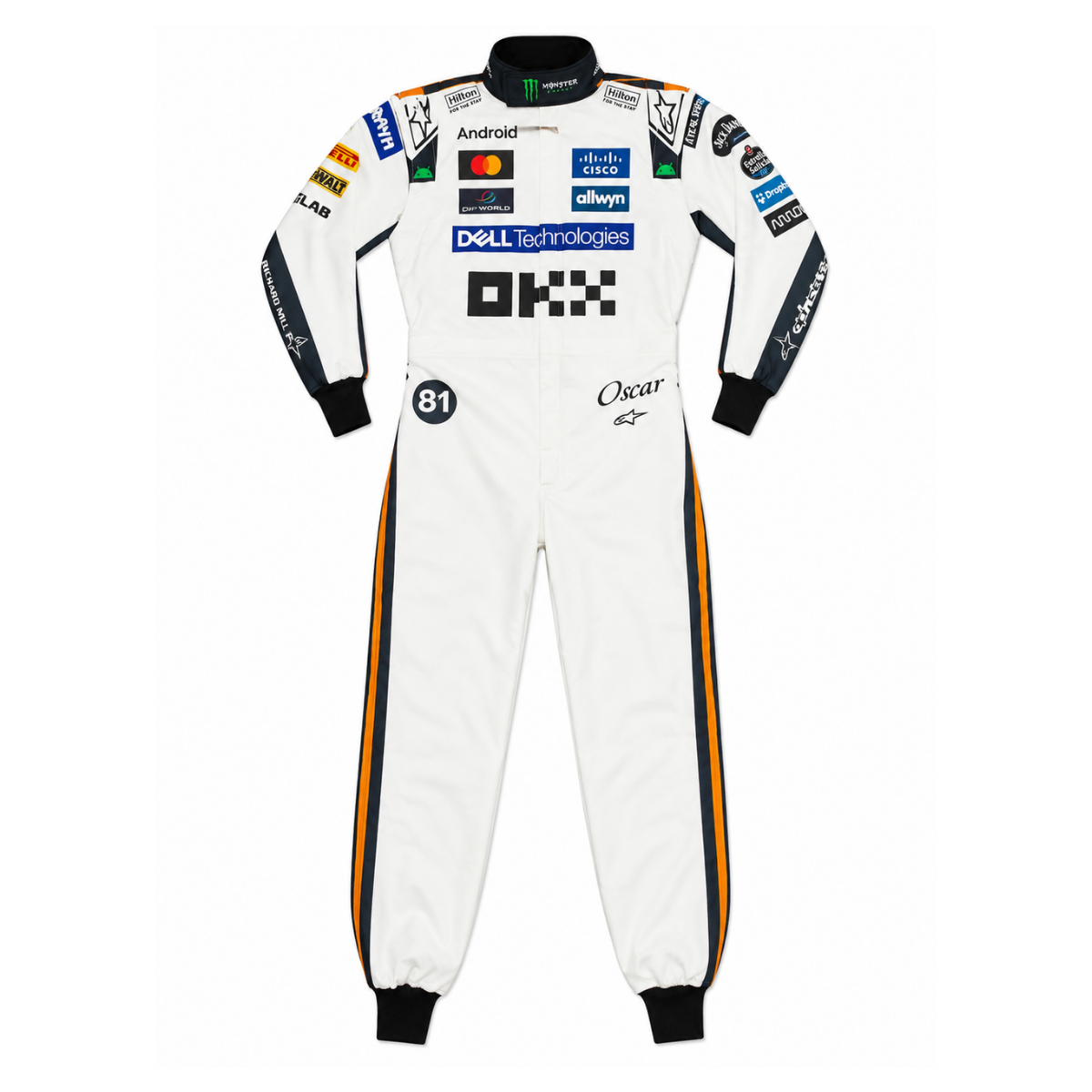 Oscar Piastri #81 McLaren inspired white black and orange go kart racing suit front view