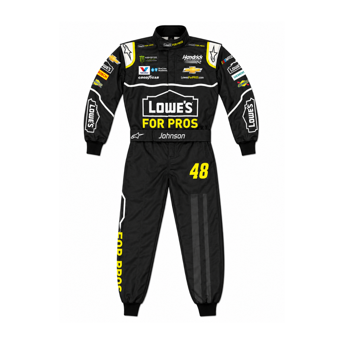 A black racing suit with sponsor logos and the number 48, featuring a large 'Lowe's For Pros' logo on the chest, shown on a plain white background.