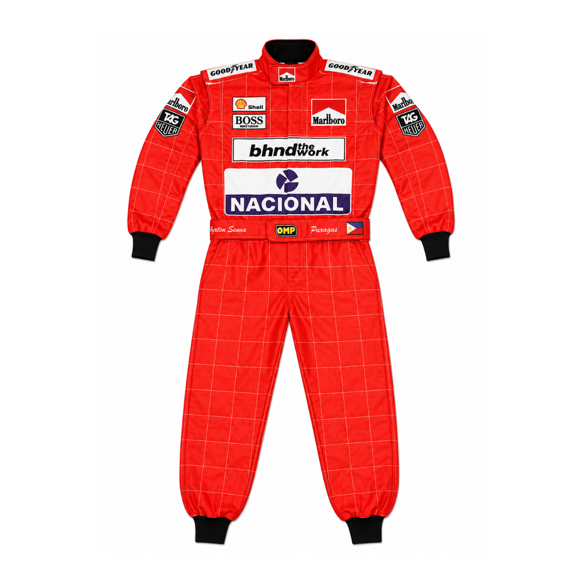 A red full-face racing suit with black cuffs and ankles, featuring multiple sponsor logos including Goodyear, Marlboro, and Nacional, displayed on a solid white background.