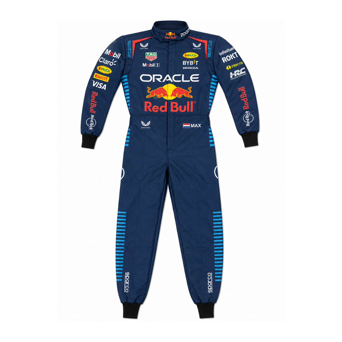 Max Verstappen 2026 Red Bull Racing inspired go kart suit navy blue front view